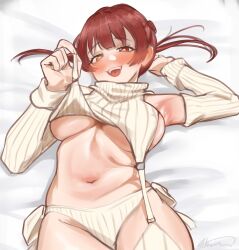 Rule 34 | 1girl, absurdres, aiharararara, armpits, assertive female, bed, blush, breasts, curvy, female pervert, hand up, heterochromia, highres, hololive, houshou marine, imminent undressing, large breasts, long hair, looking at viewer, lying, meme attire, navel, on back, on bed, open mouth, pervert, red hair, solo, thighs, tongue, twintails, underboob, undressing, virgin destroyer sweater, virtual youtuber