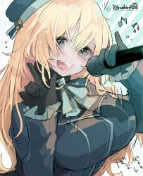 Rule 34 | atago (kancolle), beret, black gloves, blonde hair, blue eyes, blue headband, blush, breasts, dated, flying sweatdrops, gloves, hair between eyes, hat, headband, highres, holding, holding microphone, kantai collection, large breasts, long sleeves, microphone, military, military uniform, one-hour drawing challenge, open mouth, pinky out, ruohire9, simple background, solo, sweat, twitter username, uniform