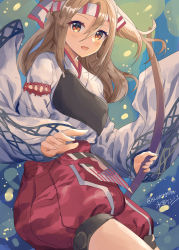 Rule 34 | 1girl, artist name, blush, bow (weapon), brown eyes, hachimaki, hair between eyes, headband, high ponytail, highres, holding, holding bow (weapon), holding weapon, japanese clothes, kantai collection, kimono, light brown hair, long hair, long sleeves, mizuta kenji, muneate, one-hour drawing challenge, open mouth, red shorts, shorts, signature, smile, solo, twitter username, weapon, white kimono, wide sleeves, yumi (bow), zuihou (kancolle)