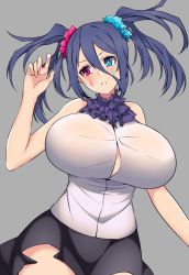 Rule 34 | 1girl, black hair, blouse, breasts, collar, dizu (camui kamui), facial mark, frilled collar, frills, hair ornament, hair scrunchie, heterochromia, highres, huge breasts, hz (666v), open clothes, open shirt, scrunchie, shirt, skirt, solo, twintails