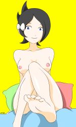 Rule 34 | 1girl, barefoot, bed, black hair, blue eyes, breasts, creatures (company), feet, female focus, game freak, highres, marley (pokemon), nintendo, nipples, nude, pillow, pokemon, pokemon dppt, shiny skin, signature, simple background, solo, toes