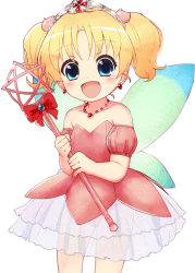 Rule 34 | 1girl, :d, absurdres, bare shoulders, blonde hair, blue eyes, blush, bow, cat hair ornament, collarbone, detached sleeves, dress, earrings, fairy wings, fingernails, green wings, hair ornament, highres, holding, holding wand, jewelpet (series), jewelpet twinkle, jewelry, looking at viewer, miria marigold mackenzie, necklace, nyama, open mouth, panties, pink dress, pink panties, pink sleeves, puffy short sleeves, puffy sleeves, red bow, see-through, short sleeves, short twintails, simple background, smile, solo, strapless, strapless dress, tiara, twintails, underwear, wand, white background, wings