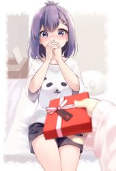 Rule 34 | 1girl, absurdres, black shorts, blurry, blurry foreground, blush, box, breasts, commentary request, covering own mouth, depth of field, eyebrows hidden by hair, gabriel dropout, gift, gift box, hair between eyes, hair ornament, hairclip, hands up, highres, holding, holding gift, long sleeves, nose blush, on bed, out of frame, purple eyes, purple hair, sazanka, shirt, short shorts, short sleeves, shorts, sitting, sleeves past wrists, small breasts, solo focus, surprised, vignette tsukinose april, white shirt, wide sleeves, x hair ornament