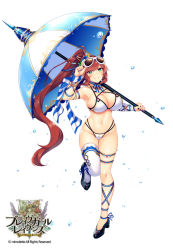 Rule 34 | 1girl, armpits, bare shoulders, bikini, blush, brave girl ravens, breasts, cleavage, copyright name, eyewear on head, full body, green eyes, hair ornament, horosuke, large breasts, long hair, looking at viewer, mavis (brave girl ravens), multi-strapped bikini, nail polish, navel, official art, parasol, parted lips, red hair, side ponytail, simple background, single thighhigh, smile, solo, standing, stomach, swimsuit, thighhighs, umbrella, very long hair, white background, white bikini, white thighhighs