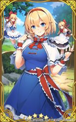 Rule 34 | 3girls, alice margatroid, apron, black dress, black footwear, blonde hair, blue dress, blue eyes, blue footwear, blue sky, blush, bobby socks, border, bow, bowtie, breasts, brooch, capelet, cloud, commentary request, cowboy shot, day, dress, eho (icbm), frilled apron, frilled capelet, frills, hair between eyes, hairband, hand up, head tilt, jewelry, long hair, long sleeves, looking at viewer, mary janes, medium breasts, multiple girls, outdoors, own hands together, petticoat, puppet rings, puppet strings, red bow, red hairband, red neckwear, red sash, ring, sash, shanghai doll, shoes, short hair, sidelocks, sky, smile, socks, standing, touhou, touhou cannonball, tree, v arms, waist apron, white apron, white capelet, white legwear, wrist cuffs