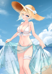 Rule 34 | 1girl, aizawa ema, beach, bikini, blonde hair, blue eyes, blue hair, blue sarong, blue sky, breasts, bridal garter, cloud, day, earrings, flower, flower earrings, front-tie bikini top, front-tie top, gradient hair, hat, hat flower, highres, holding sarong, horizon, jewelry, karmq, lace, lace-trimmed bikini, lace trim, large breasts, looking at viewer, multi-strapped bikini bottom, multicolored hair, navel, ocean, outdoors, rose, sarong, see-through, short hair, sky, solo, standing, stomach, straw hat, summer, swimsuit, virtual youtuber, vspo!, water, white bikini, white flower, white rose, yellow hat