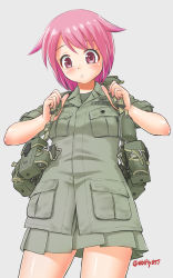 Rule 34 | 1girl, blush, cowboy shot, ebifly, explosive, fingernails, from behind, green shirt, green skirt, grenade, grey background, hair flaps, hands up, highres, looking at viewer, looking down, military, military uniform, original, parted lips, pink hair, pleated skirt, pouch, red eyes, shirt, short hair, simple background, skirt, soldier, solo, standing, twitter username, uniform, united states army