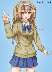 Rule 34 | 1girl, alternate costume, anti (untea9), blue background, blue bow, blue skirt, bow, brown eyes, brown sweater, cardigan, commentary request, cowboy shot, hairband, highres, i-26 (kancolle), index finger raised, kantai collection, light brown hair, long hair, looking at viewer, open mouth, pleated skirt, school uniform, simple background, skirt, smile, solo, sweater, twitter username, two-tone hairband, two side up