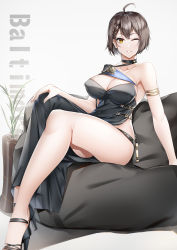 Rule 34 | 1girl, ;), absurdres, ahoge, arm support, armlet, azur lane, baltimore (azur lane), baltimore (evening breeze minuet) (azur lane), black dress, blue cape, blush, braid, breasts, brown hair, cape, choker, cleavage, dress, evening gown, hair between eyes, high heels, highres, large breasts, looking at viewer, lubikaya, one eye closed, parted lips, short hair, side slit, single bare shoulder, sitting, smile, solo, yellow eyes