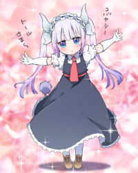 Rule 34 | 1girl, :o, ankle boots, black dress, blunt bangs, blush, boots, brown footwear, child, collared shirt, cosplay, dragon horns, dress, elbow gloves, frills, full body, gloves, hairband, horns, kanna kamui, kobayashi-san chi no maidragon, lolita hairband, long hair, looking at viewer, necktie, open mouth, outstretched arms, pikomarie, pinafore dress, pink background, pink hair, red necktie, shirt, sleeveless, sleeveless dress, solo, sparkle, spread arms, standing, tail, tohru (maidragon), tooru (maidragon) (cosplay), translation request, twintails, white gloves, white legwear, wing collar