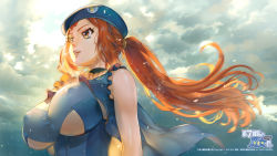 Rule 34 | 1girl, bare shoulders, beret, blue hat, braid, braided bangs, breasts, capelet, frills, from below, ge xi, hat, highres, large breasts, levasol defense corps, lips, looking afar, open mouth, orange eyes, orange hair, original, ponytail, rain, sky, solo, underboob, wind, witches in 7th base