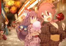 Rule 34 | 6+girls, alice margatroid, alternate costume, alternate hairstyle, braid, breasts, candy apple, cleavage, cotton candy, demon wings, eating, festival, fireworks, flandre scarlet, floral print, food, food stand, french braid, holding hands, head wings, hong meiling, hourai doll, izayoi sakuya, japanese clothes, kawashiro nitori, kimono, koakuma, kuresento, lantern, large breasts, mask, mask on head, multiple girls, night, night sky, open mouth, patchouli knowledge, reisen udongein inaba, remilia scarlet, road, shanghai doll, sky, smile, street, touhou, wings, yukata