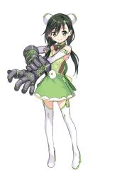 Rule 34 | 10s, 1girl, adjusting clothes, adjusting gloves, alternate costume, alternate hairstyle, armlet, bad id, bad twitter id, boots, breasts, brooch, cleavage, dress, dual wielding, full body, gauntlets, gloves, green dress, green eyes, grey hair, hair ornament, high heel boots, high heels, highres, hinata matsuri, holding, jewelry, legs apart, long hair, looking at viewer, low twintails, magical girl, mahou shoujo madoka magica, mahou shoujo madoka magica (anime), mahou shoujo suzune magica, senri gan, simple background, sleeveless, sleeveless dress, small breasts, smile, solo, standing, thigh boots, thighhighs, turtleneck, twintails, white background, white footwear, zettai ryouiki