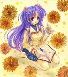 Rule 34 | 00s, barefoot, blue hair, book, clannad, flower, ichinose kotomi, kneeling, long hair, nyonsuke, purple eyes, school uniform, shikishi, solo, traditional media, twintails, two side up