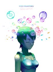 Rule 34 | 1girl, breasts, bubble, character name, cleavage, closed eyes, collarbone, foo fighters (jojo), green hair, green lips, jojo no kimyou na bouken, lipstick, makeup, milnoe, neck, overalls, smile, solo, twitter username, underwater, upper body
