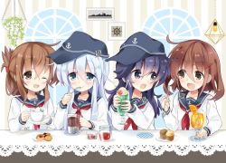 Rule 34 | 4girls, :d, ;d, akatsuki (kancolle), anchor symbol, bendy straw, black headwear, black sailor collar, blue eyes, blue hair, blush, brown eyes, brown hair, checkerboard cookie, closed mouth, collarbone, commentary request, cookie, cup, drink, drinking glass, drinking straw, eye contact, fang, flat cap, folded ponytail, food, hair between eyes, hair ornament, hairclip, hat, hibiki (kancolle), highres, hizuki yayoi, holding, holding cup, holding spoon, ice, ice cream, ice cream float, ice cube, ikazuchi (kancolle), inazuma (kancolle), kantai collection, light bulb, long hair, looking at another, muffin, multiple girls, neckerchief, one eye closed, open mouth, picture frame, purple eyes, purple hair, red neckerchief, sailor collar, saucer, school uniform, serafuku, shirt, smile, spoon, striped, table, upper body, vertical stripes, white shirt, window