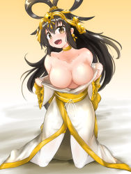 Rule 34 | amaterasu (nyanko daisensou), breasts, cleavage, collarbone, fang, hair rings, highres, japanese clothes, kimono, kneeling, large breasts, looking at viewer, nyanko daisensou, open mouth, skin fang, solo, sweat, thighhighs, tiara, twin-7646, very long sleeves, white kimono, yellow eyes