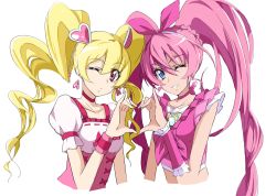Rule 34 | 00s, 10s, 2girls, blonde hair, blue eyes, bow, choker, collarbone, cure melody, cure peach, fresh precure!, grin, hair ornament, heart, heart hair ornament, heart hands, heart hands duo, houjou hibiki, long hair, magical girl, midriff, momozono love, multiple girls, nanashishi, one eye closed, pink bow, pink eyes, precure, smile, suite precure, twintails, wink