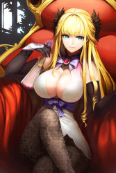 Rule 34 | 1girl, black gloves, black pantyhose, blonde hair, blue eyes, breasts, chair, cleavage, cleavage cutout, clothing cutout, crossed legs, elbow gloves, floral print, florence, foreshortening, gloves, hand fan, highres, holding, lace, lace legwear, large breasts, legs, long hair, looking at viewer, naughty face, pantyhose, patterned legwear, print pantyhose, red upholstery, sitting, smile, snowball22, solo, sword girls, thighs