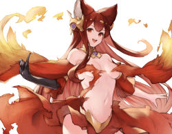 Rule 34 | 1girl, :d, animal ears, anthuria, bad id, bad pixiv id, bare shoulders, black gloves, breasts, breasts apart, collar, commentary request, dress, erune, gloves, granblue fantasy, hair ornament, index finger raised, koretsuki azuma, long hair, looking at viewer, medium breasts, navel, no bra, open mouth, red dress, red eyes, red hair, single glove, smile, solo, standing, stomach, torn clothes, upper body, white background