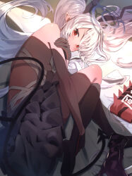 Rule 34 | 1girl, bed sheet, black footwear, black gloves, black socks, black tail, blue archive, blush, boots, gloves, grey hair, grey halo, halo, highres, hiyayakko (jfky2528), iori (blue archive), long hair, looking at viewer, lying, on side, pointy ears, red eyes, sarashi, socks, solo, twintails, unworn boots