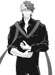 Rule 34 | 1boy, black pants, black shirt, closed mouth, collared shirt, commentary request, fate/grand order, fate (series), feet out of frame, glasses, greyscale, haruakira, highres, long sleeves, looking away, male focus, monochrome, multicolored hair, official alternate costume, pants, scarf, shirt, sigurd (fate), sigurd (memories with my lover) (fate), simple background, smile, solo, two-tone hair, white background