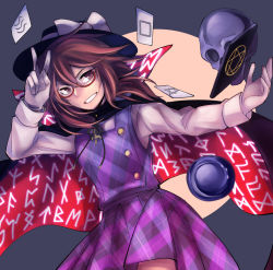 Rule 34 | 1girl, bow, brown eyes, brown hair, cape, card, clothes writing, glasses, gloves, grin, hat, hat bow, hat ribbon, highres, long sleeves, low twintails, occult ball, orb, plaid, quimbaya airplane, red-framed eyewear, ribbon, runes, semi-rimless eyewear, short hair, skirt, skull, smile, solo, tablet pc, touhou, twintails, under-rim eyewear, usami sumireko, v, vento, zener card