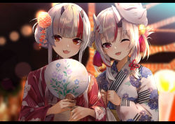 Rule 34 | 2girls, alternate costume, bag, bell, blurry, blurry background, blush, bokeh, commentary, depth of field, double bun, fang, festival, floral print, flower, fox mask, hair bell, hair bun, hair flower, hair ornament, hand fan, highres, holding, holding fan, hololive, horn ornament, horn ribbon, horns, indie virtual youtuber, japanese clothes, kimono, konkito, letterboxed, looking at viewer, mask, mask on head, medium hair, multicolored hair, multiple girls, nakiri ayame, night, obi, one eye closed, open mouth, outdoors, paper fan, plastic bag, red eyes, red hair, red kimono, ribbon, sash, short hair with long locks, side-by-side, sidelocks, silver hair, single hair bun, skin-covered horns, smile, streaked hair, tassel, uchiwa, upper body, utsutsu yomi, virtual youtuber, white kimono, wide sleeves