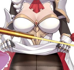 Rule 34 | 1girl, armor, armored dress, ascot, black pantyhose, breasts, cleavage, close-up, commentary, crotch seam, flower, foreshortening, genshin impact, head out of frame, highres, lifting own clothes, noelle (genshin impact), panties, panties under pantyhose, pantyhose, red flower, red rose, rose, shoulder armor, simple background, skindentation, solo, sword, terebi (shimizu1996), underwear, weapon, white background, white panties