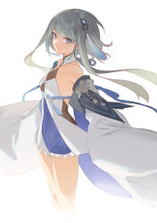 Rule 34 | 1girl, blue eyes, breasts, chinese clothes, detached sleeves, dress, frilled dress, frills, genshin impact, grey hair, guizhong (genshin impact), hair ornament, looking at viewer, medium breasts, pagye, short hair, short hair with long locks, simple background, solo, tassel, tassel hair ornament, white background