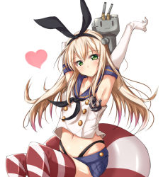Rule 34 | 10s, 1girl, anchor, anchor hair ornament, arm up, armpits, arms up, blonde hair, blush, elbow gloves, gloves, green eyes, hair ornament, hairband, heart, jiino, kantai collection, lifebuoy, long hair, midriff, navel, rensouhou-chan, shimakaze (kancolle), simple background, skirt, solo, striped clothes, striped thighhighs, swim ring, thighhighs, white background