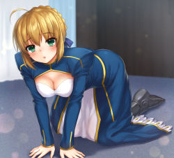 Rule 34 | 1girl, ahoge, all fours, armor, artoria pendragon (all), artoria pendragon (fate), blonde hair, blurry, blush, bokeh, boots, braid, breasts, center opening, cleavage, depth of field, fate/stay night, fate (series), french braid, green eyes, highres, juliet sleeves, large breasts, long sleeves, looking at viewer, mashuu (neko no oyashiro), parted lips, puffy sleeves, saber (fate), sidelocks, solo