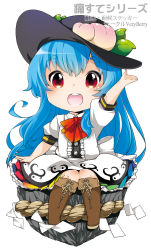 Rule 34 | 1girl, bad id, bad pixiv id, berry jou, blue hair, boots, bow, chibi, food, fruit, full body, hat, highres, hinanawi tenshi, keystone, long hair, looking at viewer, open mouth, peach, red eyes, rope, shimenawa, simple background, smile, solo, touhou, white background