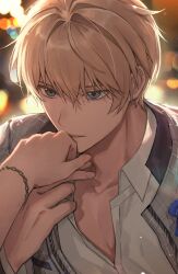 Rule 34 | 1boy, backlighting, blonde hair, blue eyes, blurry, blurry background, bokeh, bracelet, depth of field, female pov, hair between eyes, highres, holding hands, holostars, jewelry, kishido temma, kiss, kissing hand, looking at another, male focus, parted lips, portrait, pov, short hair, solo focus, virtual youtuber, yonsang (swordmaster)