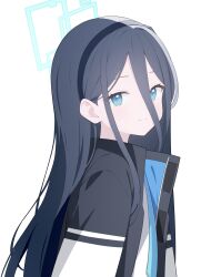 Rule 34 | 1girl, absurdly long hair, absurdres, aqua halo, aris (blue archive), black hair, blue archive, blue eyes, blue necktie, chinese commentary, collared shirt, green halo, halo, highres, jacket, jyt, long hair, looking at viewer, necktie, rectangular halo, ringed eyes, shirt, simple background, solo, upper body, very long hair, white background, white jacket, white shirt