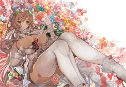 Rule 34 | 1girl, bed of roses, boots, breasts, brown eyes, brown hair, elbow gloves, flower, garter straps, gloves, hat, head wreath, holding, large breasts, long hair, looking at viewer, matching hair/eyes, original, pupps, rose, smile, solo, sword, thighhighs, underboob, weapon, white gloves, white thighhighs