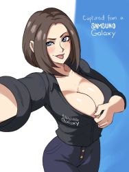 Rule 34 | 1girl, artist request, black shirt, blue eyes, blue pants, breasts, cleavage, ear piercing, english text, highres, holding, holding phone, large breasts, looking at viewer, mole, mole under eye, outstretched arm, pants, phone, piercing, samsung, samsung sam, selfie, shirt, solo, tongue, tongue out
