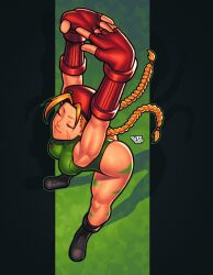 Rule 34 | 1girl, absurdres, ahoge, antenna hair, ass, beret, blonde hair, boots, braid, breasts, cammy stretch (meme), cammy white, closed eyes, closed mouth, commentary, english commentary, fingerless gloves, full body, garrison cap, gloves, green leotard, hat, highleg, highleg leotard, highres, huge ass, leaning forward, leotard, long hair, medium breasts, meme, ribbed leotard, scar, shiny skin, smile, solo, standing, street fighter, street fighter ii (series), stretching, thong leotard, twin braids, vj99, wide hips