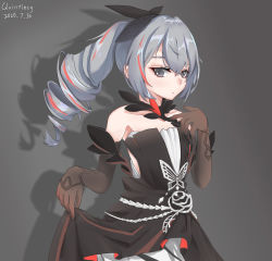 Rule 34 | 1girl, 2020, artist name, bare shoulders, black dress, black gloves, bronya zaychik, bronya zaychik (black nucleus), brown background, closed mouth, dress, drill hair, elbow gloves, gloves, grey eyes, grey hair, highres, honkai (series), honkai impact 3rd, long hair, looking at viewer, quintincy, simple background, sleeveless, sleeveless dress, solo