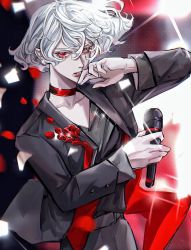 Rule 34 | 1boy, alternate costume, bishounen, bob cut, choker, daleth (sky: children of the light), grey hair, highres, holding, holding microphone, inverted bob, male focus, microphone, red choker, red eyes, short hair, sky: children of the light, solo, vest, white hair, xiaoniaodenanpiao