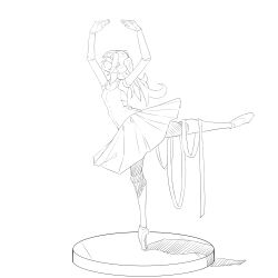 Rule 34 | 1girl, absurdres, arabesque (pose), arms up, ballet, ballet dress, ballet slippers, breasts, doll, doll joints, drawing mannequin, en pointe, full body, greyscale, hatsune miku, highres, joints, lineart, long hair, monochrome, ribbon, simple background, small breasts, solo, standing, standing on one leg, summerwood 000, tutu, twintails, vocaloid, white background