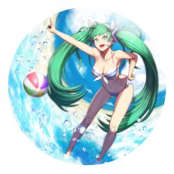 Rule 34 | 1girl, :d, ball, banajune, bare shoulders, beachball, bikini, breasts, collarbone, commentary request, green eyes, green hair, hair ribbon, hairband, hatsune miku, headphones, headset, leaning forward, long hair, medium breasts, navel, open mouth, revision, ribbon, smile, solo, splashing, standing, striped bikini, striped clothes, swimsuit, teeth, twintails, very long hair, vocaloid, wading, water, water drop