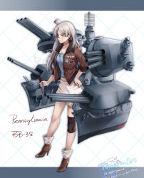 Rule 34 | 1girl, bandaid, bandaid on face, battleship, blue eyes, blue shirt, boots, brown footwear, brown jacket, cannon, commentary, english commentary, full body, grey hair, high heel boots, high heels, highres, jacket, long hair, machinery, mecha musume, military, military vehicle, open clothes, open jacket, original, personification, ship, shirt, skirt, solo, turret, uss pennsylvania (bb-38), warship, watercraft, white skirt, yorktown cv-5