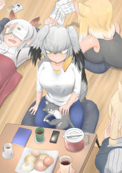 Rule 34 | 4girls, alpaca ears, alpaca suri (kemono friends), alternate costume, animal, animal ears, animal on lap, bare shoulders, bird tail, black hair, blonde hair, book, bow, bowtie, cat, cellphone, closed mouth, contemporary, covered eyes, cup, extra ears, food, fox ears, grey hair, hair between eyes, highres, holding, holding book, indoors, japari bun, john (a2556349), kemono friends, looking at another, low ponytail, lying, manga (object), medium hair, multicolored hair, multiple girls, object on head, on back, on floor, on lap, open book, orange eyes, orange hair, pants, phone, pillow, reading, saucer, shirt, shoebill (kemono friends), side ponytail, sidelocks, sitting, sleeping, sleeveless, sleeveless shirt, smartphone, smile, solo focus, sweatdrop, table, tail, tibetan fox (kemono friends), two-tone hair, white hair, wooden floor