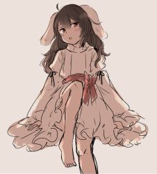 Rule 34 | 1girl, ahoge, alternate hair length, alternate hairstyle, animal ears, bad id, bad twitter id, blush, bow, brown hair, dress, head tilt, highres, inaba tewi, knee up, long dress, long hair, long sleeves, looking at viewer, parted lips, rabbit ears, red bow, red eyes, sash, simple background, sketch, solo, touhou, tsukiori, white background, white dress