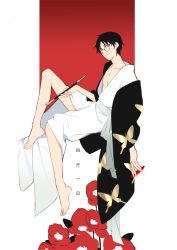 Rule 34 | 1boy, animal print, bahao diqiu, barefoot, black coat, black hair, blue eyes, butterfly print, closed mouth, coat, commentary, english commentary, flower, from side, full body, glasses, haori, head tilt, heterochromia, holding, holding smoking pipe, invisible chair, japanese clothes, kimono, kiseru, knee up, leaning back, long sleeves, looking at viewer, male focus, off shoulder, pectoral cleavage, pectorals, red flower, round eyewear, sash, short hair, sideways glance, simple background, sitting, smirk, smoking pipe, solo, white background, white kimono, xxxholic, yellow eyes