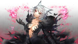 Rule 34 | 1girl, animal ears, black dress, braid, breasts, cat ears, claws, cleavage, collarbone, commission, dress, final fantasy, final fantasy xiv, gradient background, green eyes, grey hair, hand up, heterochromia, large breasts, looking at viewer, miqo&#039;te, munlu (wolupus), original, parted lips, red eyes, short hair, signature, single braid, skeb commission, solo, upper body, warrior of light (ff14)