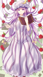 Rule 34 | 1girl, :o, book, bow, breasts, crescent, crescent pin, double bun, dress, floral background, flower, frilled dress, frills, gradient background, hair bow, hair bun, hat, highres, holding, holding book, large breasts, long dress, long hair, long sleeves, mirufui, mob cap, open book, patchouli knowledge, purple eyes, purple hair, rose, solo, standing, striped clothes, striped dress, touhou, very long hair, wide sleeves