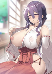 Rule 34 | 1girl, bare shoulders, breasts, covered erect nipples, detached sleeves, hakama, hakama skirt, highres, hip vent, japanese clothes, large breasts, long hair, looking at viewer, miko, nipples, one breast out, open mouth, original, purple eyes, purple hair, red hakama, shayoo, skirt, solo, undressing, wide sleeves