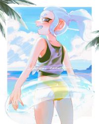 Rule 34 | 1girl, ass, bad id, bad twitter id, bikini, black bikini, blue eyes, blue hair, blue sky, border, cloud, cloudy sky, commentary, contrail, cu5pid, day, dress shirt, english text, from behind, hair pulled back, holding, holding swim ring, horizon, innertube, looking at viewer, looking back, makeup, mismatched bikini, nintendo, ocean, octoling, octoling girl, octoling player character, open mouth, outdoors, palm tree, shirt, short hair, short ponytail, sky, smile, solo, standing, suction cups, swim ring, swimsuit, symbol-only commentary, tank top, tentacle hair, tree, white border, white shirt, yellow bikini